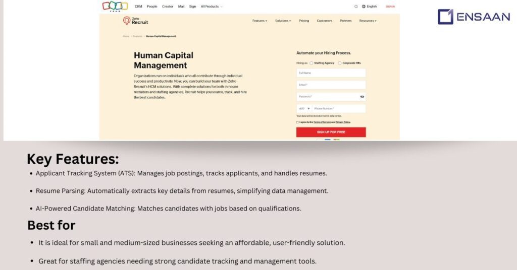 Top 10 Best HCM Software :zoho recruit: ensaantech.com